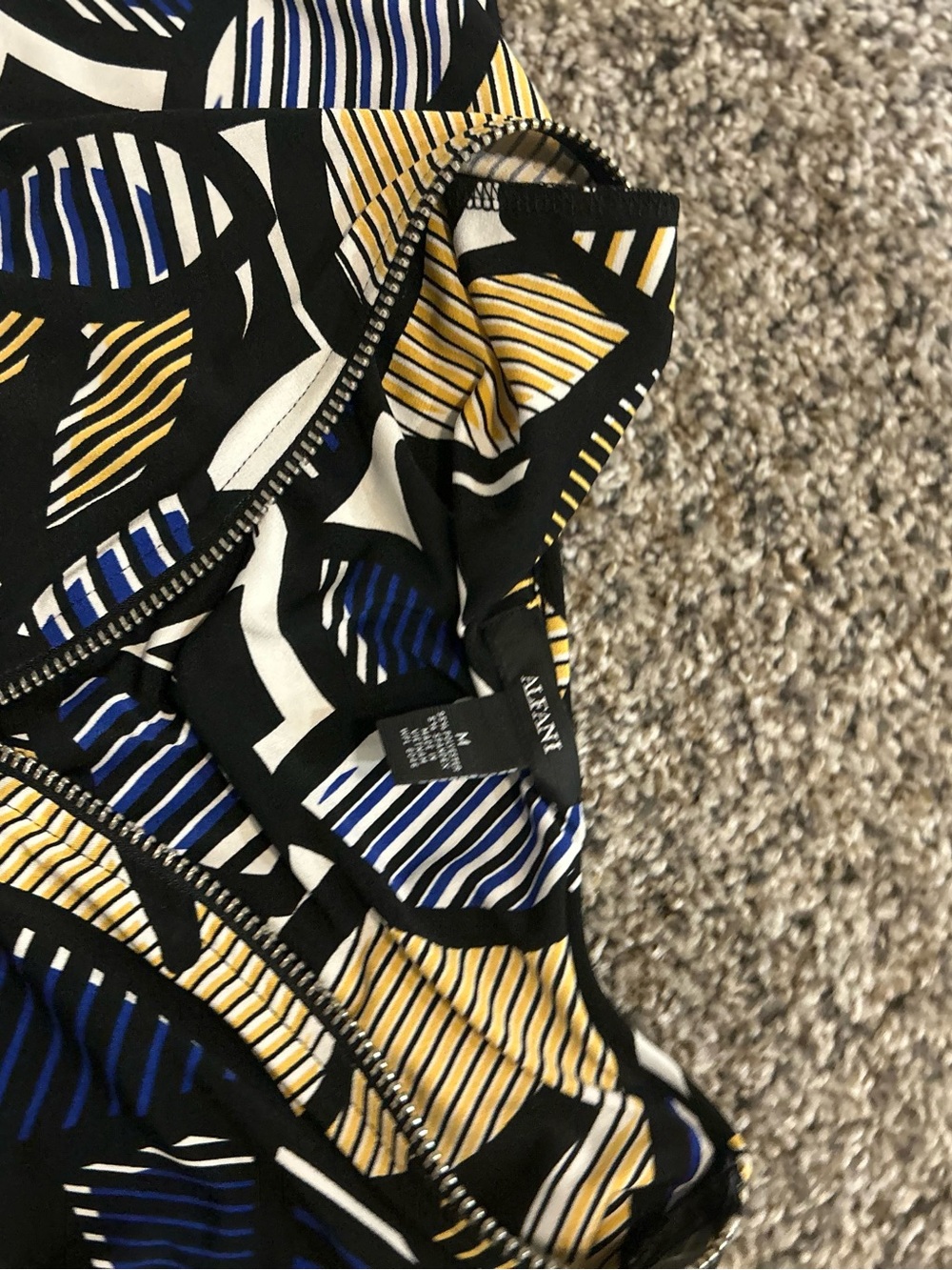 Alfani Black Geometric Striped Shell with Blue and Yellow Accents